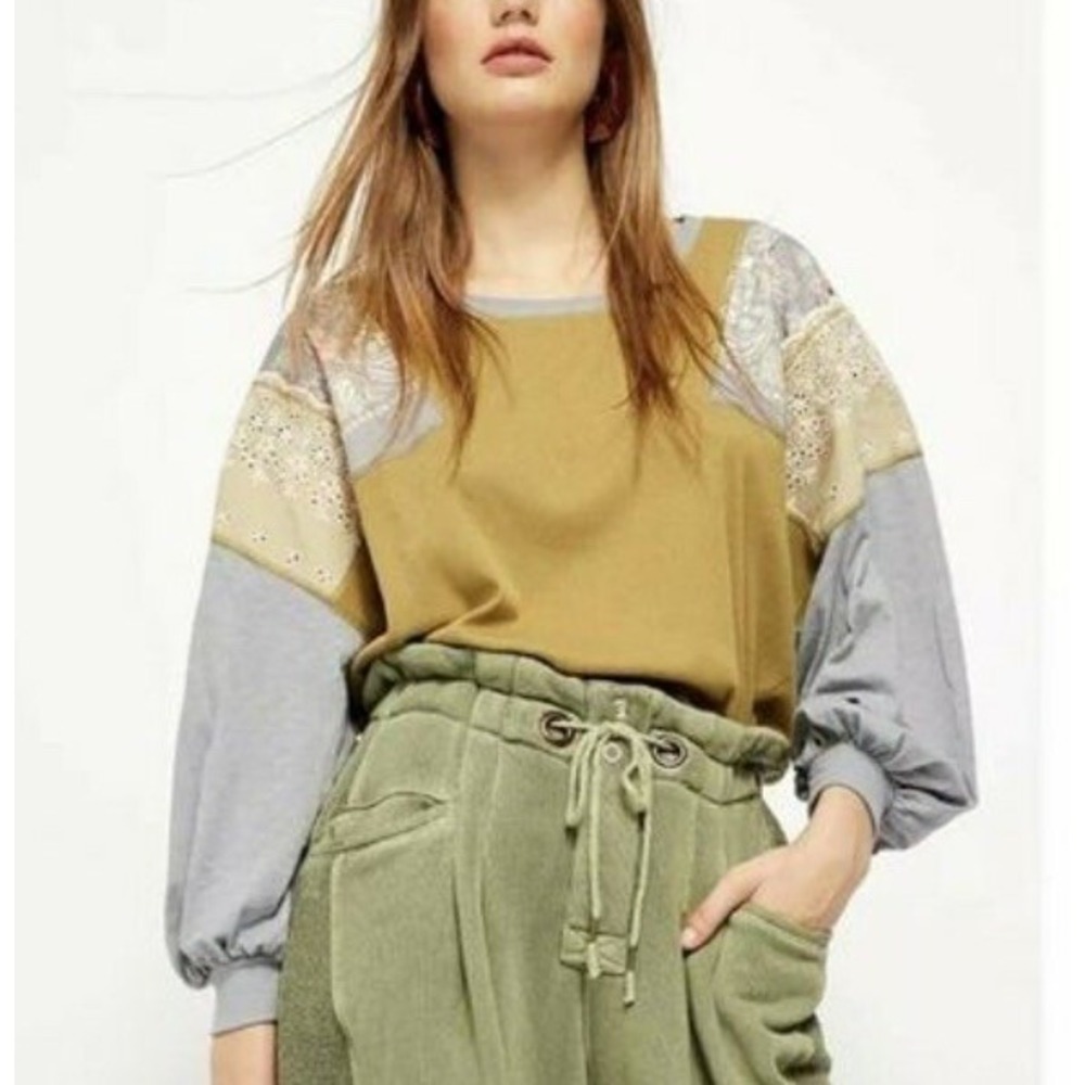 FREE PEOPLE XS Feelin it Colorblock Army Combo T-Shirt Pullover Top Patchwork
